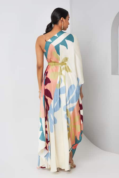 Shop Vedika M Multi Color Satin One Shoulder Asymmetric Draped Printed Maxi Dress at Aza Fashions Shop_Vedika M_Multi Color Satin One Shoulder Asymmetric Draped Printed Maxi Dress _at_Aza_Fashions