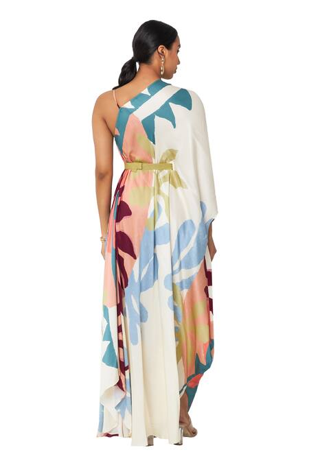 Vedika M Multi Color Satin One Shoulder Asymmetric Draped Printed Maxi Dress Online at Aza Fashions Vedika M_Multi Color Satin One Shoulder Asymmetric Draped Printed Maxi Dress _Online_at_Aza_Fashions