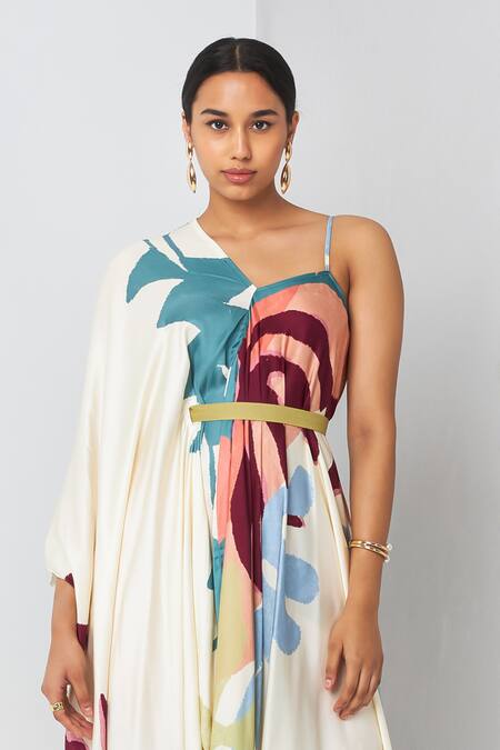 Buy Vedika M Multi Color Satin One Shoulder Asymmetric Draped Printed Maxi Dress Online at Aza Fashions Buy_Vedika M_Multi Color Satin One Shoulder Asymmetric Draped Printed Maxi Dress _Online_at_Aza_Fashions