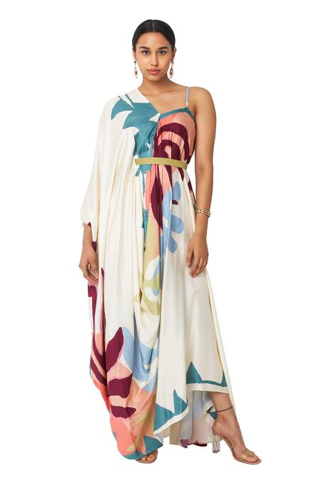 Shop Vedika M Multi Color Satin One Shoulder Asymmetric Draped Printed Maxi Dress Online at Aza Fashions Shop_Vedika M_Multi Color Satin One Shoulder Asymmetric Draped Printed Maxi Dress _Online_at_Aza_Fashions