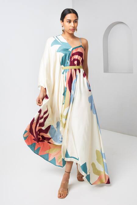 Vedika M Multi Color Satin One Shoulder Asymmetric Draped Printed Maxi Dress at Aza Fashions Vedika M_Multi Color Satin One Shoulder Asymmetric Draped Printed Maxi Dress _at_Aza_Fashions