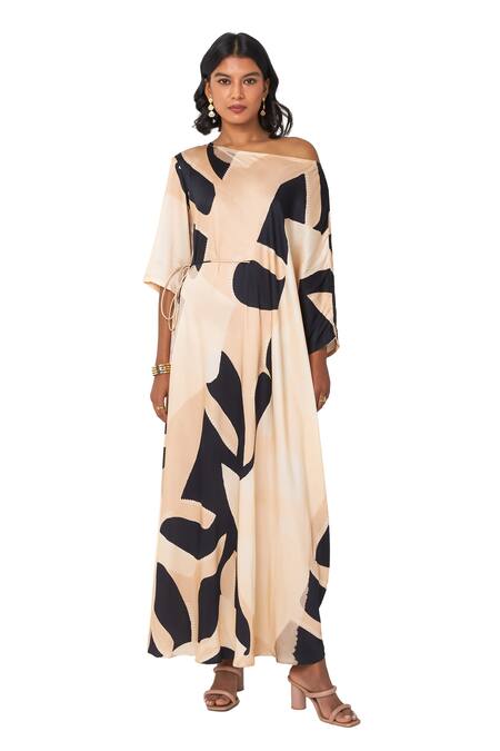 Vedika M Black Satin Open Neck Printed Drop Shoulder at Aza Fashions Vedika M_Black Satin Open Neck Printed Drop Shoulder _at_Aza_Fashions