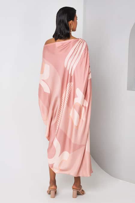 Shop Vedika M Pink Satin Off-shoulder, Asymmetric Printed Draped Dress at Aza Fashions Shop_Vedika M_Pink Satin Off-shoulder, Asymmetric Printed Draped Dress _at_Aza_Fashions