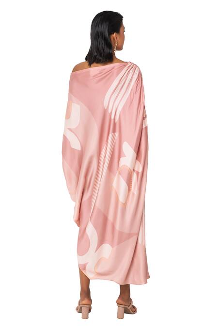 Vedika M Pink Satin Off-shoulder, Asymmetric Printed Draped Dress Online at Aza Fashions Vedika M_Pink Satin Off-shoulder, Asymmetric Printed Draped Dress _Online_at_Aza_Fashions