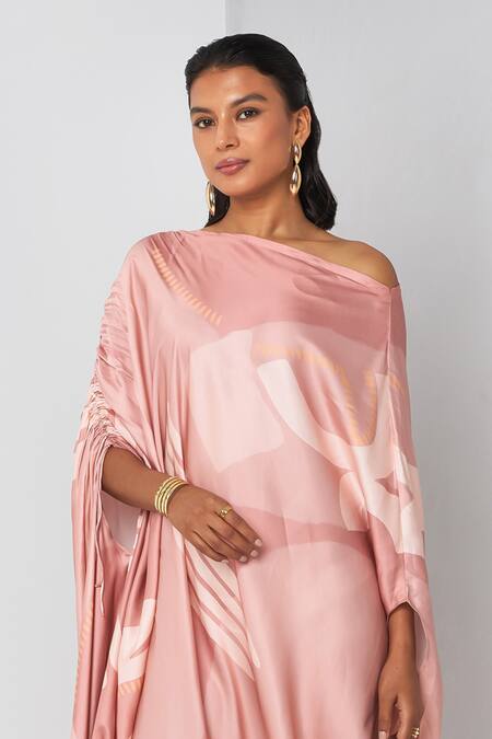 Buy Vedika M Pink Satin Off-shoulder, Asymmetric Printed Draped Dress Online at Aza Fashions Buy_Vedika M_Pink Satin Off-shoulder, Asymmetric Printed Draped Dress _Online_at_Aza_Fashions