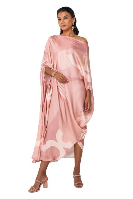 Shop Vedika M Pink Satin Off-shoulder, Asymmetric Printed Draped Dress Online at Aza Fashions Shop_Vedika M_Pink Satin Off-shoulder, Asymmetric Printed Draped Dress _Online_at_Aza_Fashions