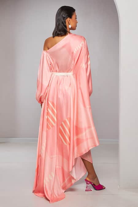 Shop Vedika M Pink Silk, Satin One Shoulder Draped Abstract Print Maxi Dress at Aza Fashions Shop_Vedika M_Pink Silk, Satin One Shoulder Draped Abstract Print Maxi Dress _at_Aza_Fashions