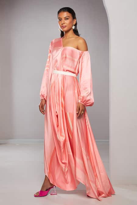 Shop Vedika M Pink Silk, Satin One Shoulder Draped Abstract Print Maxi Dress Online at Aza Fashions Shop_Vedika M_Pink Silk, Satin One Shoulder Draped Abstract Print Maxi Dress _Online_at_Aza_Fashions