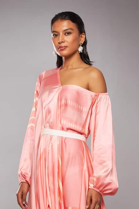 Vedika M Pink Silk, Satin One Shoulder Draped Abstract Print Maxi Dress at Aza Fashions Vedika M_Pink Silk, Satin One Shoulder Draped Abstract Print Maxi Dress _at_Aza_Fashions