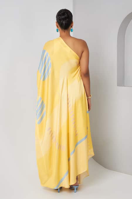 Shop_Vedika M_Yellow Satin One Shoulder Asymmetric Printed Dress _at_Aza_Fashions