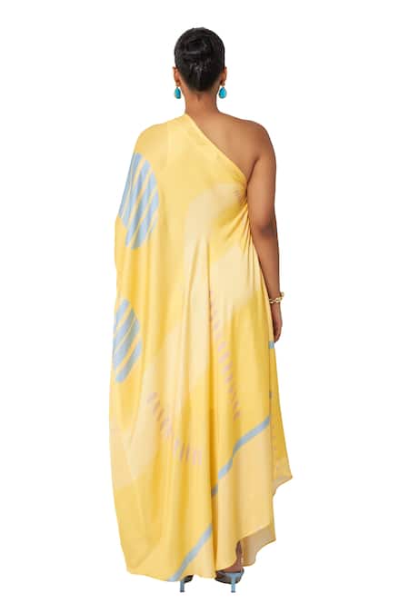 Vedika M_Yellow Satin One Shoulder Asymmetric Printed Dress _Online_at_Aza_Fashions