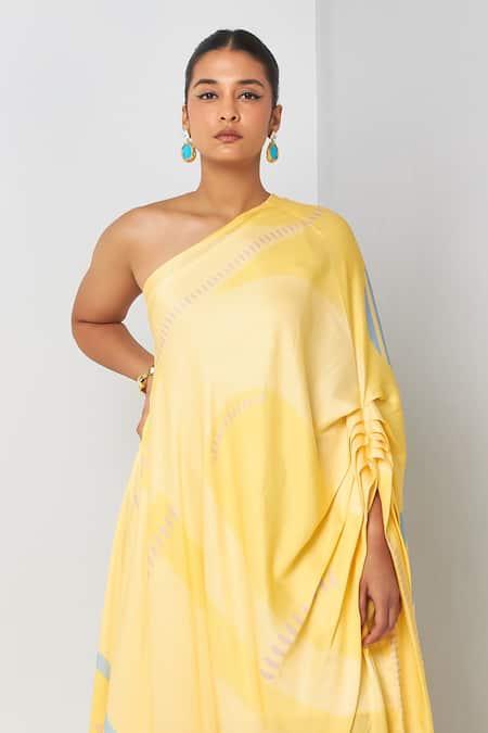 Buy_Vedika M_Yellow Satin One Shoulder Asymmetric Printed Dress _Online_at_Aza_Fashions