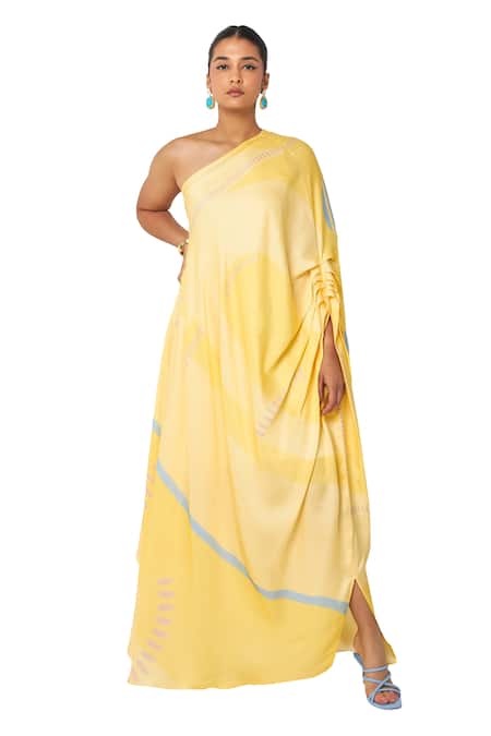 Shop_Vedika M_Yellow Satin One Shoulder Asymmetric Printed Dress _Online_at_Aza_Fashions