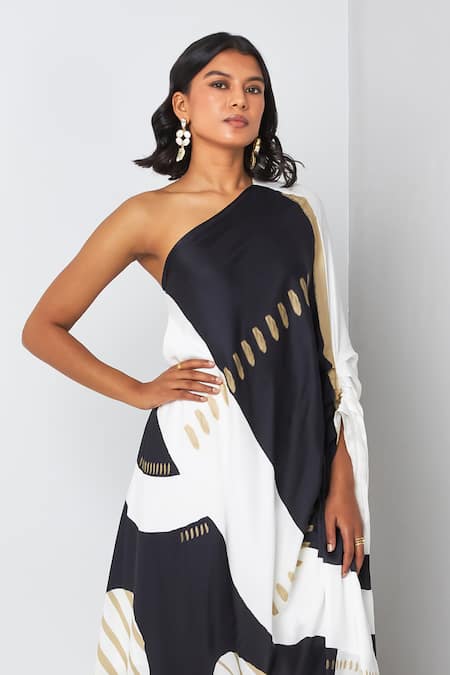 Vedika M_Black Satin One Shoulder Printed Asymmetric Maxi Dress _Online_at_Aza_Fashions