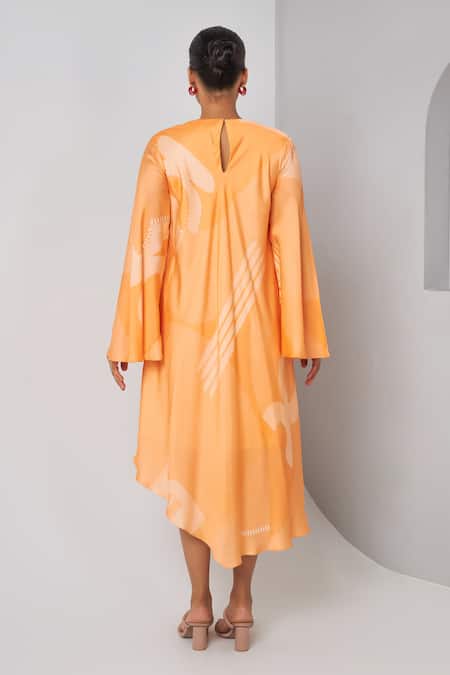 Shop Vedika M Orange Satin Round Neck Abstract Print Midi Dress at Aza Fashions Shop_Vedika M_Orange Satin Round Neck Abstract Print Midi Dress _at_Aza_Fashions