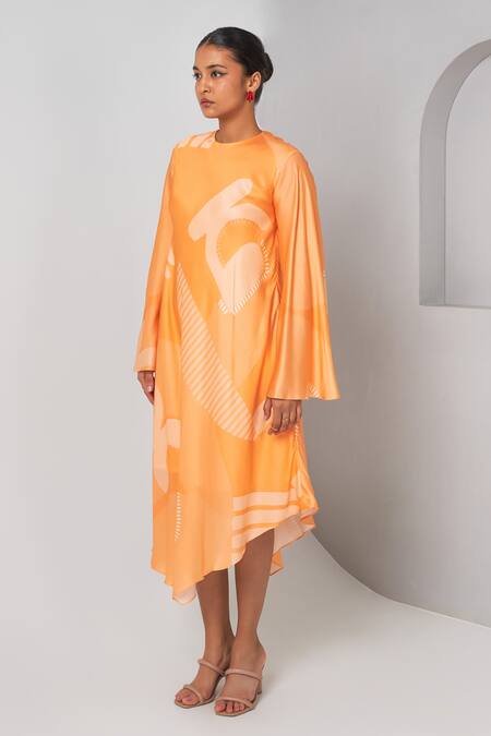 Vedika M Orange Satin Round Neck Abstract Print Midi Dress Online at Aza Fashions Vedika M_Orange Satin Round Neck Abstract Print Midi Dress _Online_at_Aza_Fashions