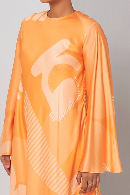 Buy Vedika M Orange Satin Round Neck Abstract Print Midi Dress Online at Aza Fashions Buy_Vedika M_Orange Satin Round Neck Abstract Print Midi Dress _Online_at_Aza_Fashions