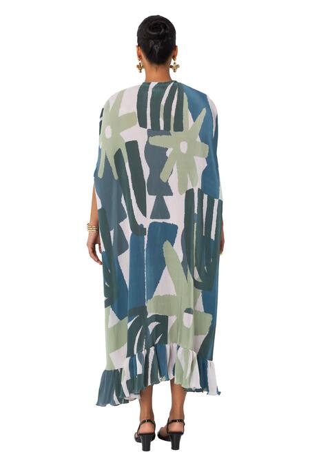 Vedika M_Green Satin, Chiffon V-neck Abstract Print Gathered Hem Dress _Online_at_Aza_Fashions