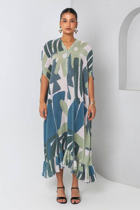 Buy_Vedika M_Green Satin, Chiffon V-neck Abstract Print Gathered Hem Dress _Online_at_Aza_Fashions