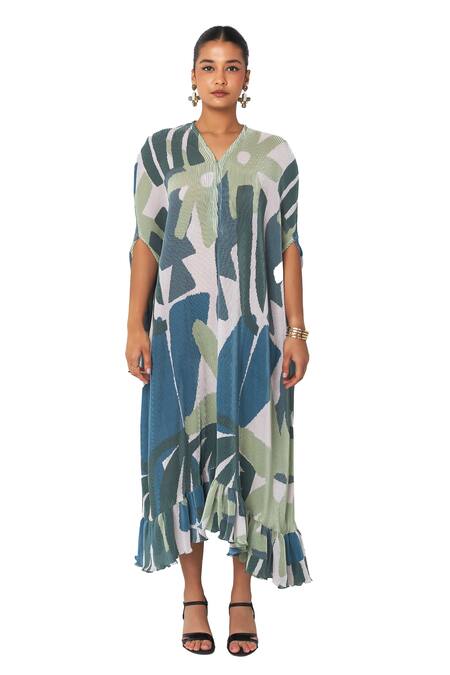 Shop_Vedika M_Green Satin, Chiffon V-neck Abstract Print Gathered Hem Dress _Online_at_Aza_Fashions