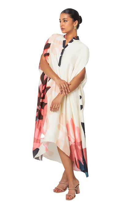Shop_Vedika M_Multi Color Satin Button-down Neck Abstract Print Asymmetric Midi Dress _Online_at_Aza_Fashions