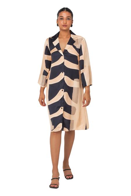Buy_Vedika M_Black Satin Collared Abstract Print Shirt Dress_Online_at_Aza_Fashions