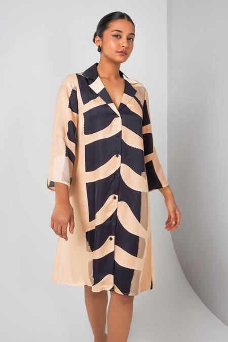 Shop_Vedika M_Black Satin Collared Abstract Print Shirt Dress_Online_at_Aza_Fashions