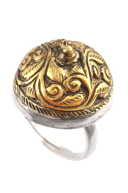 Noor_Gold Plated Embroidery Dual Tone Engraved Chitai Bloom Ring_Online_at_Aza_Fashions