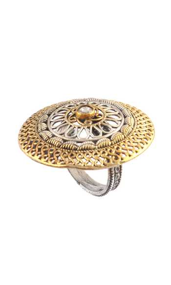 Noor_Gold Plated Dual Tone Sun Bloom Ring_Online_at_Aza_Fashions
