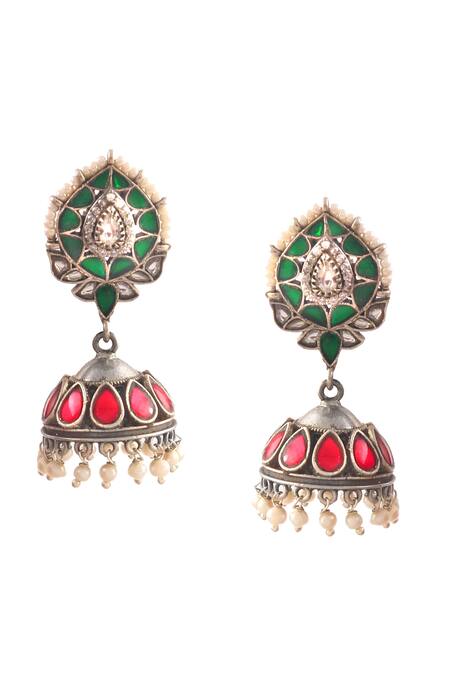 Noor_Multi Color Diamonds, Pearls Kundan Jadau Work Embellished Jhumkas_Online_at_Aza_Fashions