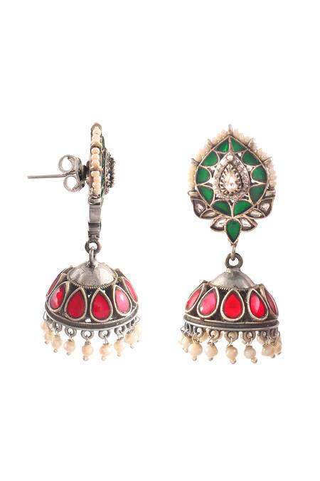 Buy_Noor_Multi Color Diamonds, Pearls Kundan Jadau Work Embellished Jhumkas_Online_at_Aza_Fashions