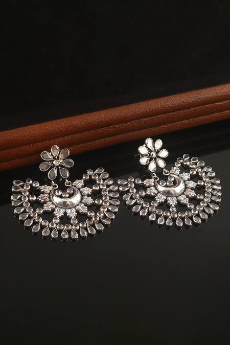 Shop_Noor_White Stone Floral Chandbali Earrings _at_Aza_Fashions
