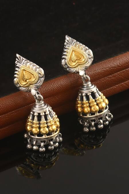 Shop_Noor_Gold Plated Dual Tone Carved Jhumkis _at_Aza_Fashions
