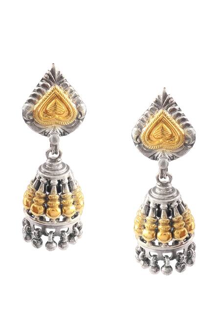 Noor_Gold Plated Dual Tone Carved Jhumkis _Online_at_Aza_Fashions