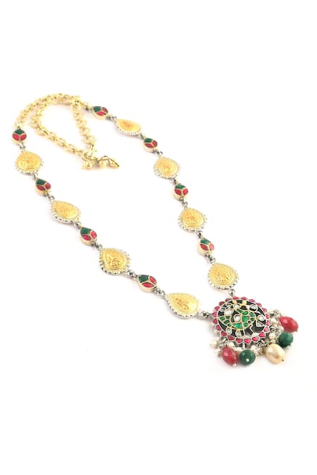 Noor_Multi Color Peacock Kundan Jadau Necklace _Online_at_Aza_Fashions