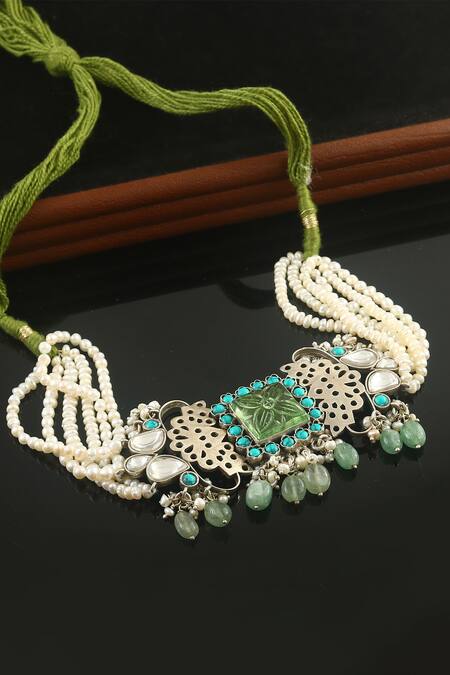 Shop_Noor_Multi Color Pearl And Stone Embellished Choker Necklace_at_Aza_Fashions