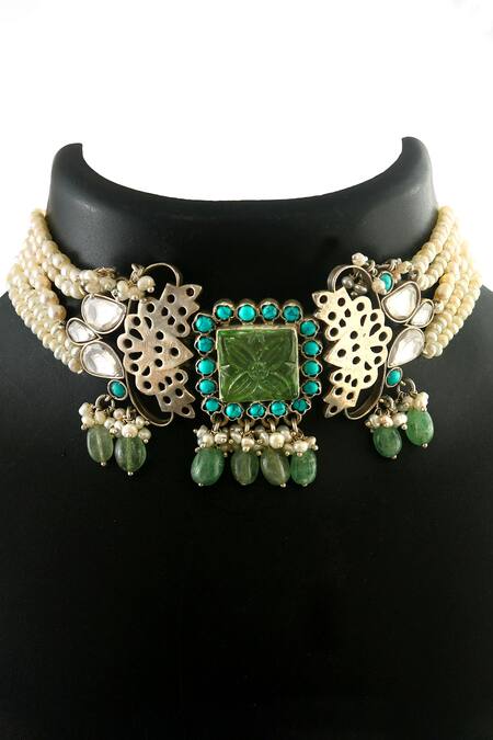 Buy_Noor_Multi Color Pearl And Stone Embellished Choker Necklace_Online_at_Aza_Fashions