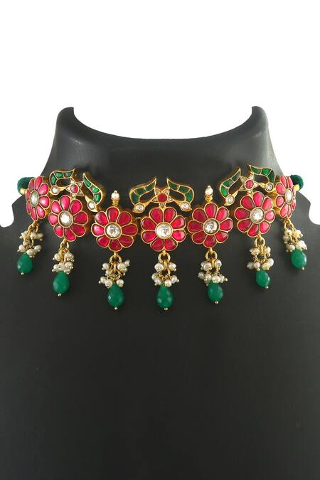 Buy_Noor_Pink Floral Kundan Embellished Choker Necklace_Online_at_Aza_Fashions