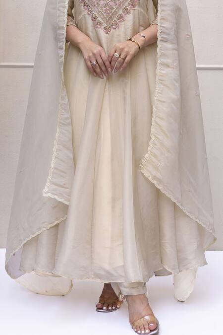 Koashee By Shubitaa_Beige Tissue, Silk Sequins Round Neck Dori Embroidered Anakali Pant Set _Online_at_Aza_Fashions
