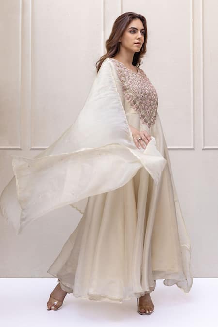 Buy_Koashee By Shubitaa_Beige Tissue, Silk Sequins Round Neck Dori Embroidered Anakali Pant Set _Online_at_Aza_Fashions