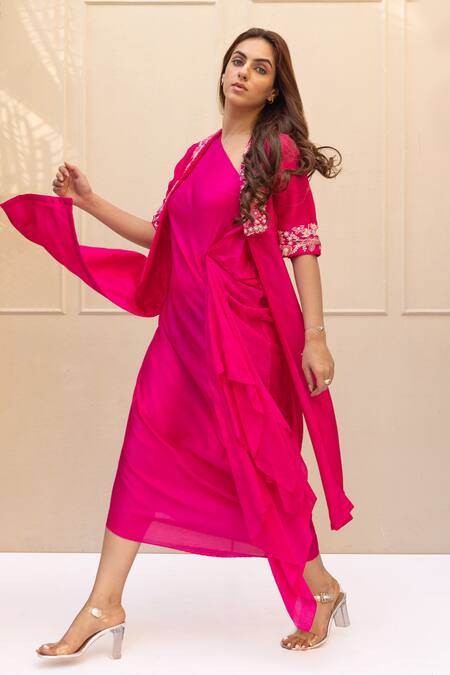 Buy Koashee By Shubitaa Pink Silk Embroidery Open Neck Floral Jacket With Asymmetric Inner Dress Online at Aza Fashions Buy_Koashee By Shubitaa_Pink Silk Embroidery Open Neck Floral Jacket With Asymmetric Inner Dress _Online_at_Aza_Fashions