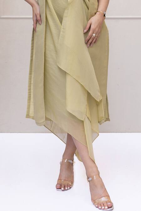 Koashee By Shubitaa_Green Sequins Open Neck Thread Embroidered Jacket With Asymmetric Inner Dress _Online_at_Aza_Fashions