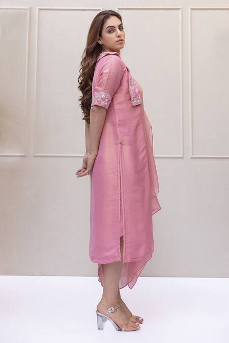 Buy_Koashee By Shubitaa_Pink Silk Beads, Sequins Open Embellished Jacket With Asymmetric Inner Dress _Online_at_Aza_Fashions