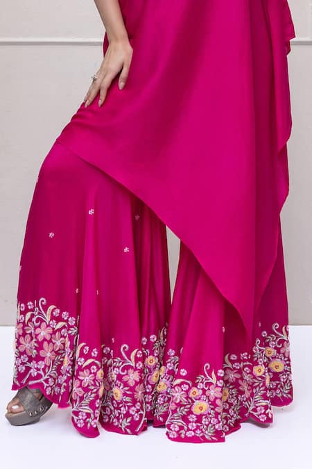 Koashee By Shubitaa_Magenta Silk Sequins, Beads, Embroidery One Asymmetric Kurta With Sharara _Online_at_Aza_Fashions