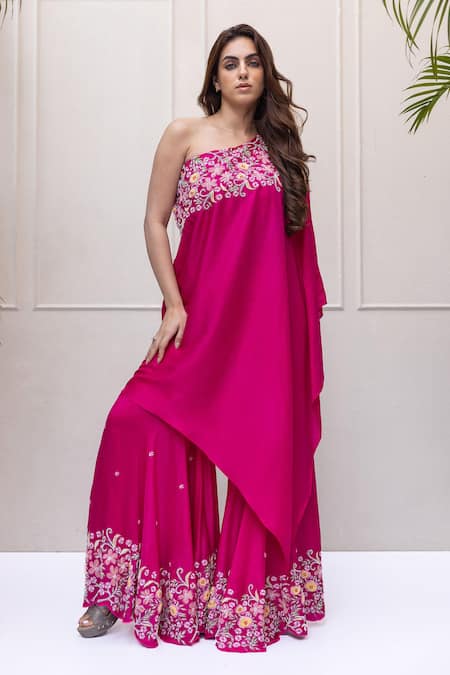 Buy_Koashee By Shubitaa_Magenta Silk Sequins, Beads, Embroidery One Asymmetric Kurta With Sharara _Online_at_Aza_Fashions