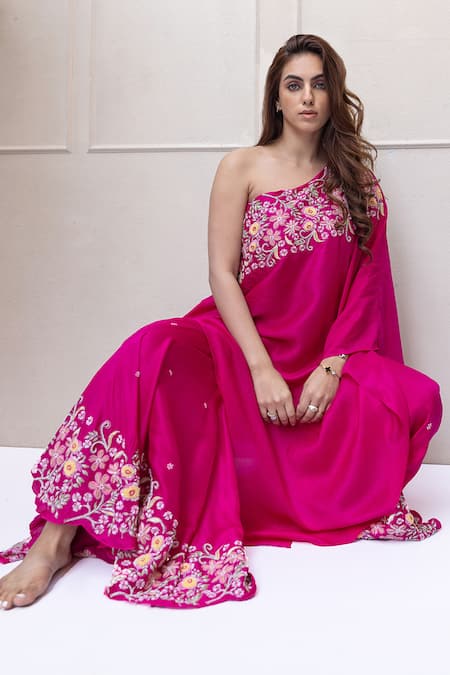 Shop_Koashee By Shubitaa_Magenta Silk Sequins, Beads, Embroidery One Asymmetric Kurta With Sharara _Online_at_Aza_Fashions