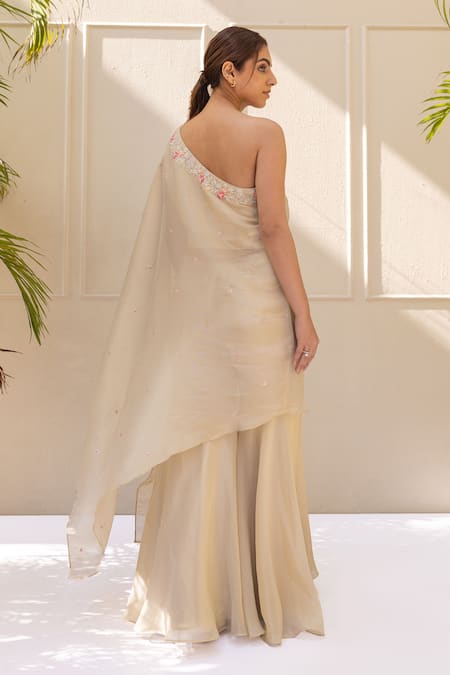 Koashee By Shubitaa Asymmetric One Shoulder Embroidered Kurta With Flared Pant 