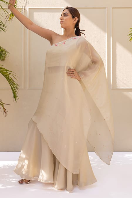 Buy Koashee By Shubitaa Beige Tissue, Silk Sequins, Beads, Asymmetric Kurta With Flared Pant Online at Aza Fashions Buy_Koashee By Shubitaa_Beige Tissue, Silk Sequins, Beads, Asymmetric Kurta With Flared Pant _Online_at_Aza_Fashions