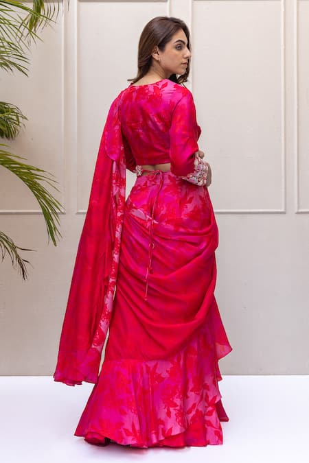 Koashee By Shubitaa Floral Print Pre-Draped Ruffle Pant Saree With Blouse 