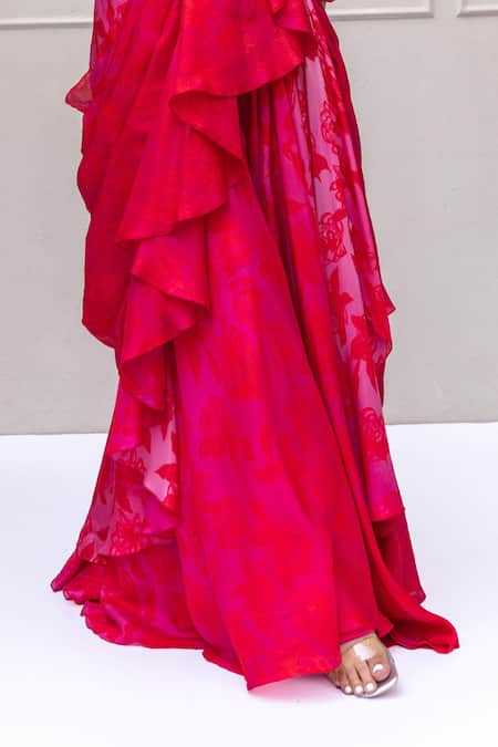 Koashee By Shubitaa_Red Silk Sequins, Beads Floral Print Pre-draped Ruffle Pant Saree With Blouse _Online_at_Aza_Fashions